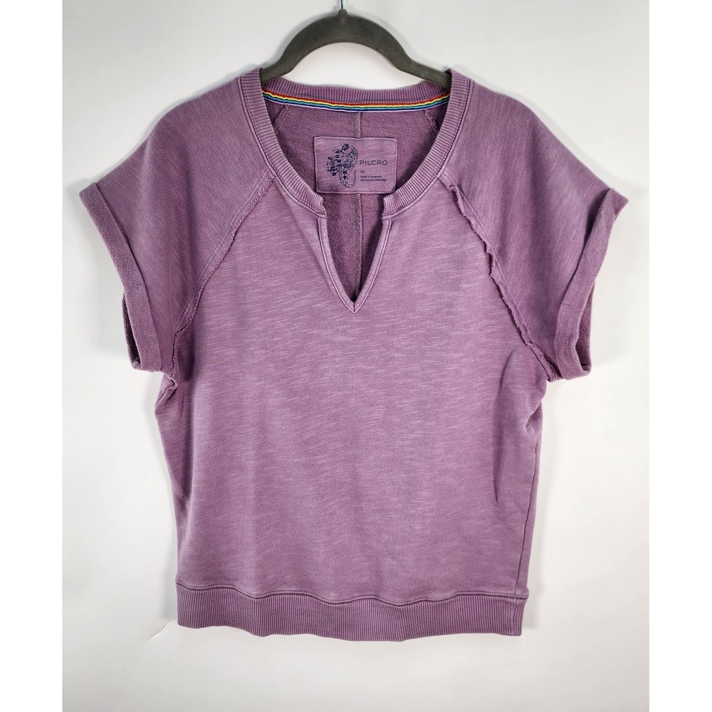 Pilcro Anthropologie Sweatshirt Women's XS Pink Notch Neck Short Sleeve Raglan